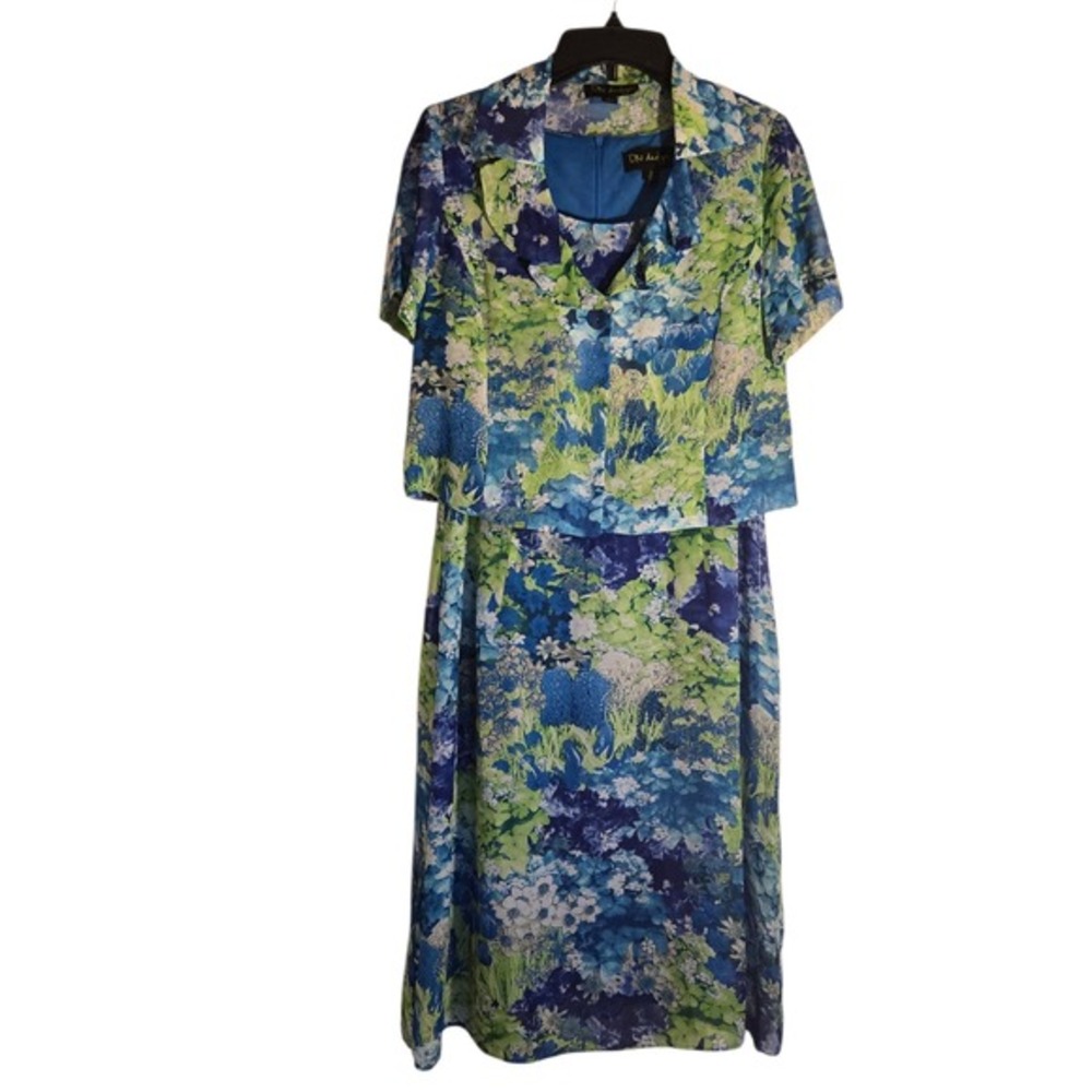 DN‎ Design Womens Blue Green Floral Dress and Jacket Set 2 Piece Size 8